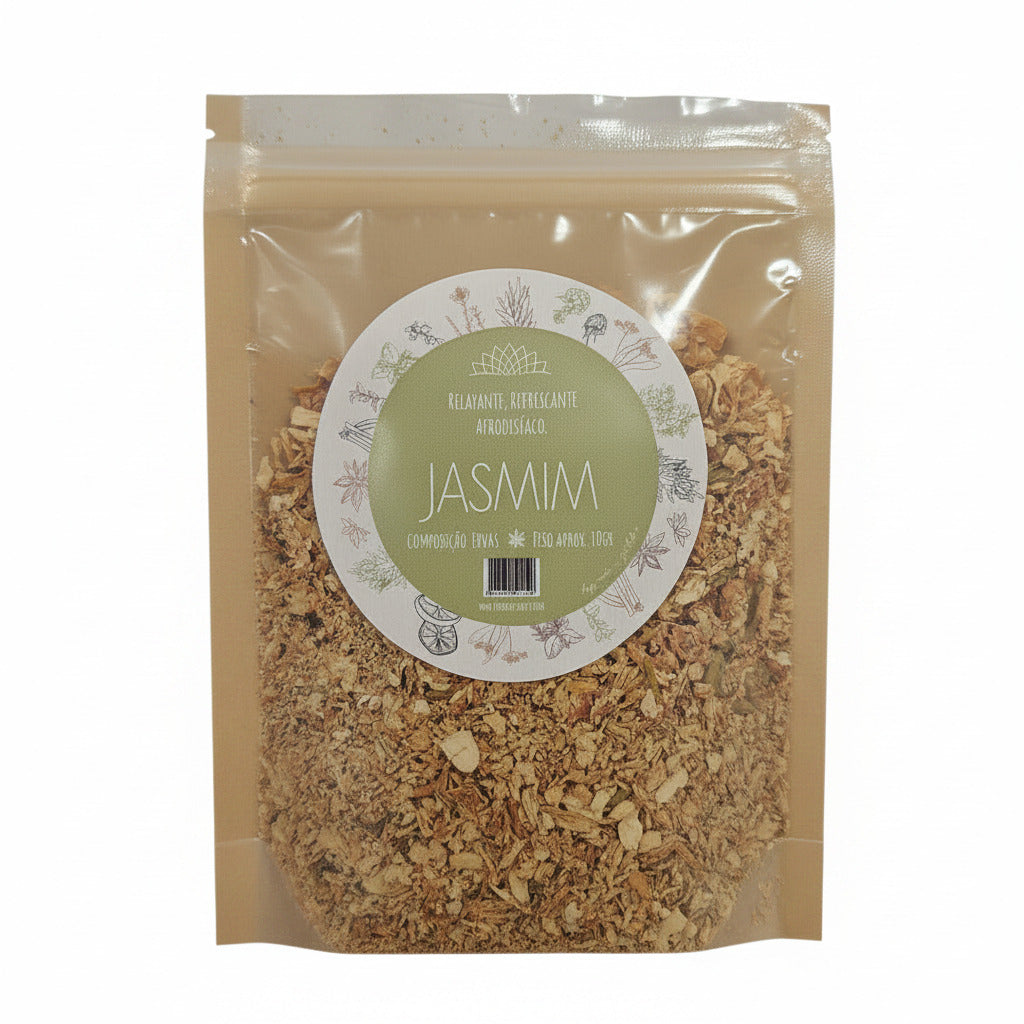 Packaged dried jasmin product with a label on a shelf with similar products