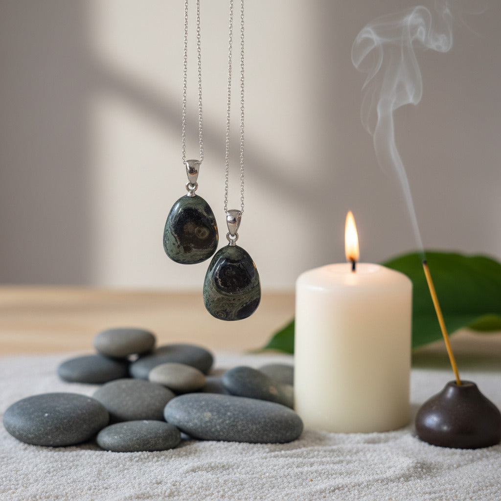 Two green pendants on chain on a table with stones and a candle.