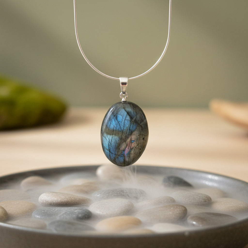 natural labradorite hanging on chain in a zen environment