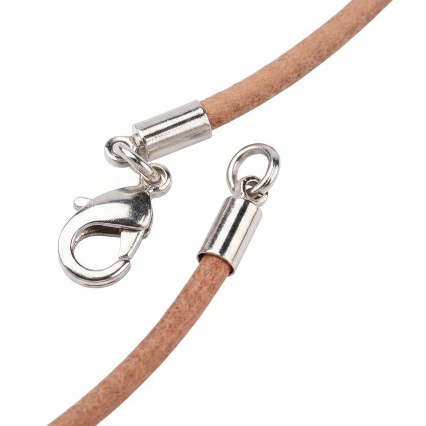 Brown leather cord with silver clasp on a white background