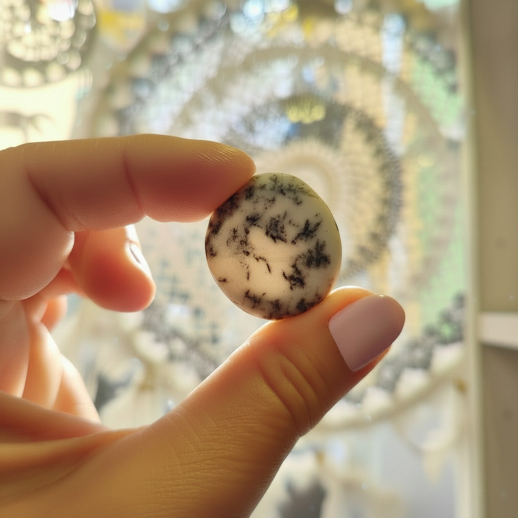 Hand holding a small round stone with a pattern, blurred decorative background