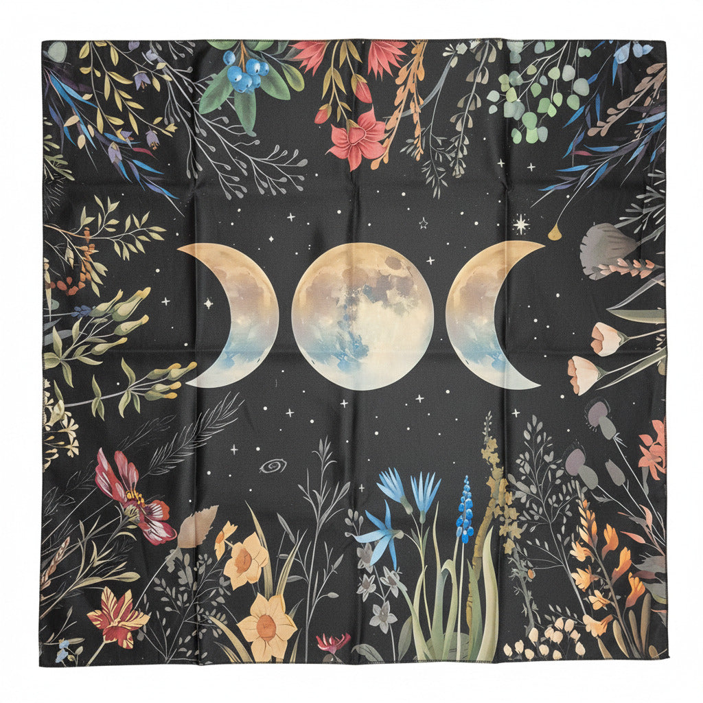 Decorative blanket with moon phases and floral patterns on a black background