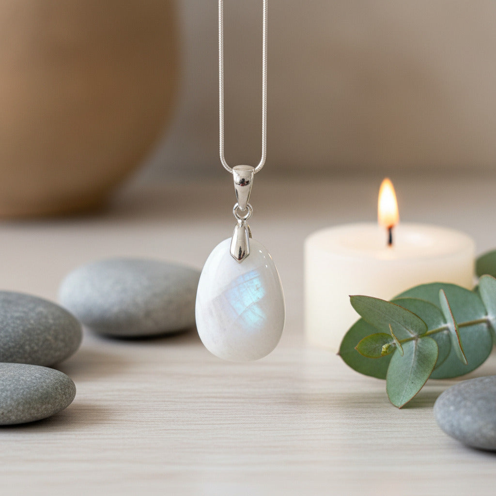 moonstone pendant hanging on chain with stones and a candle in the background