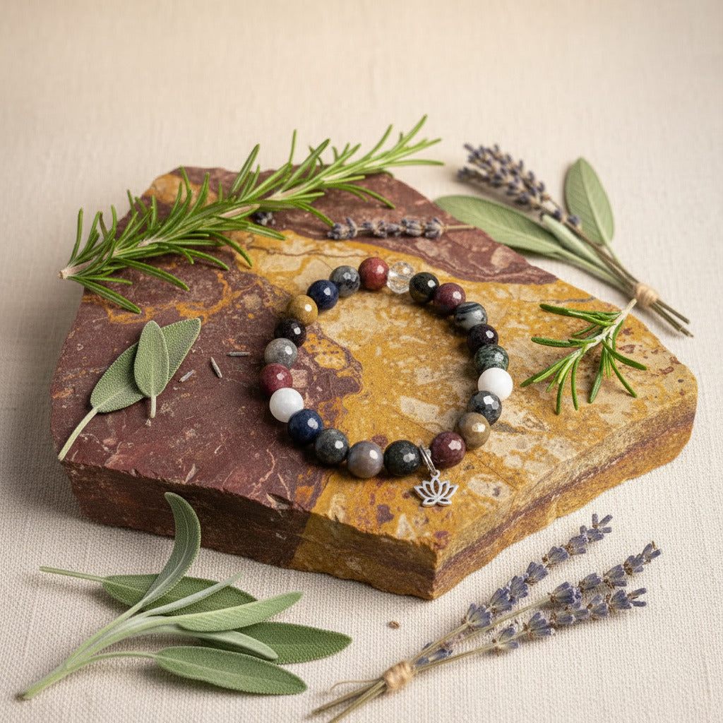 Bracelet with natural stones on a stone surface with herbs