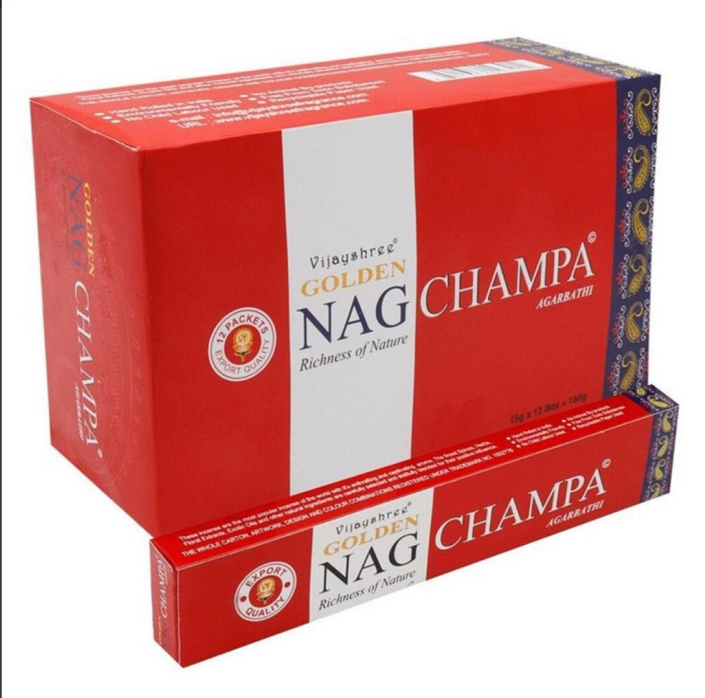 Red box of Golden Nag Champa incense with visible branding