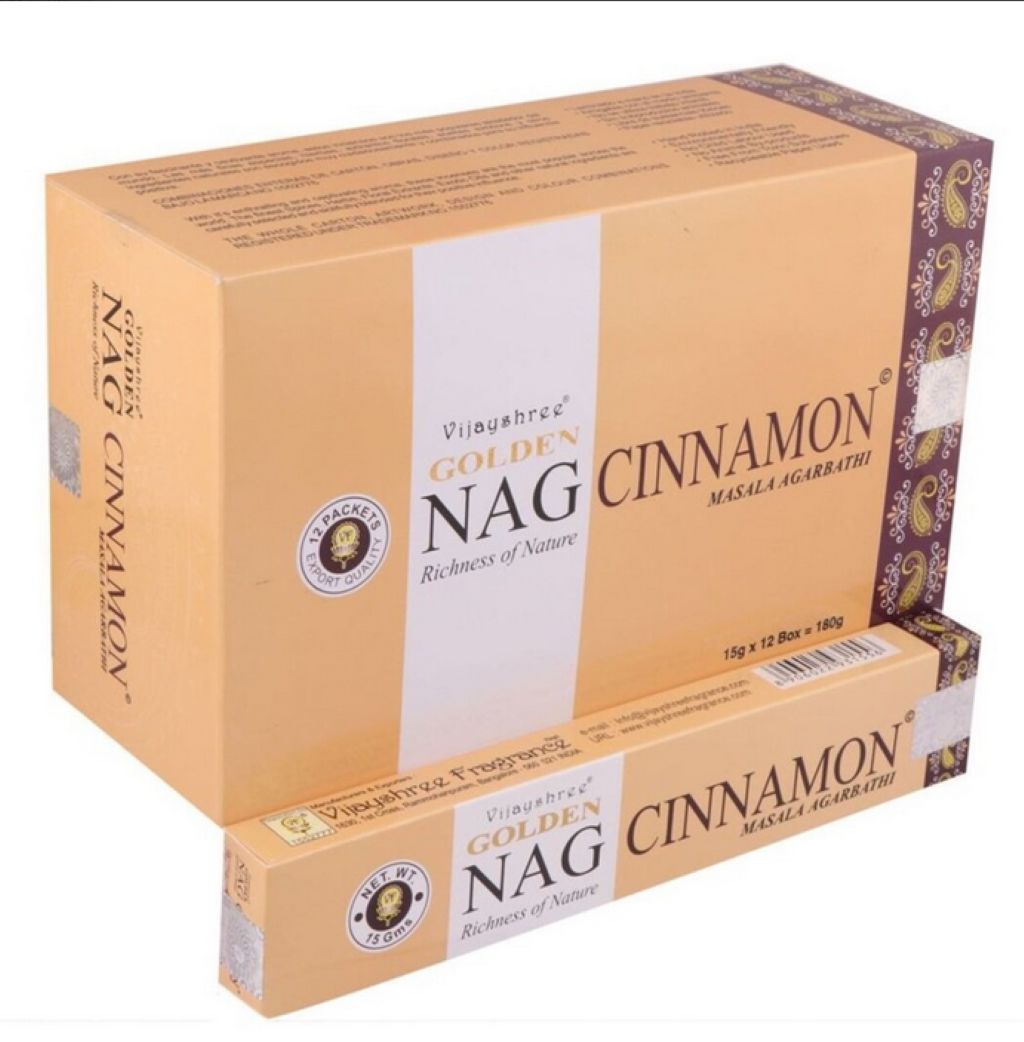 Box of Golden Nag Cinnamon incense sticks on a white background