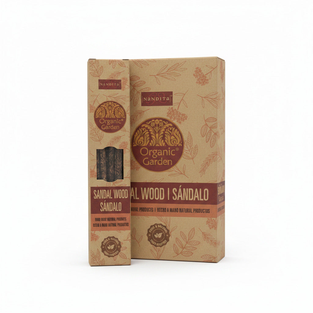 Two boxes of Organic Garden Sandalwood product on a counter with a blurred background.