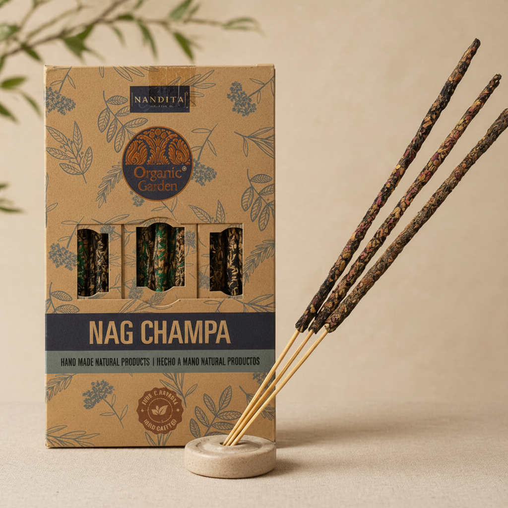 Nandita Nag Champa incense sticks with packaging on a beige background