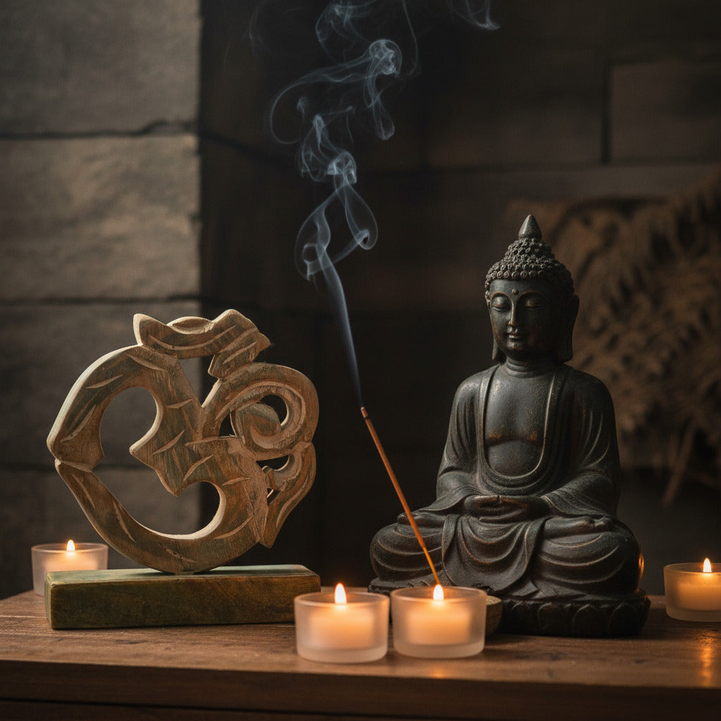 Buddha statue, OM symbol, and incense with candles on a wooden table.