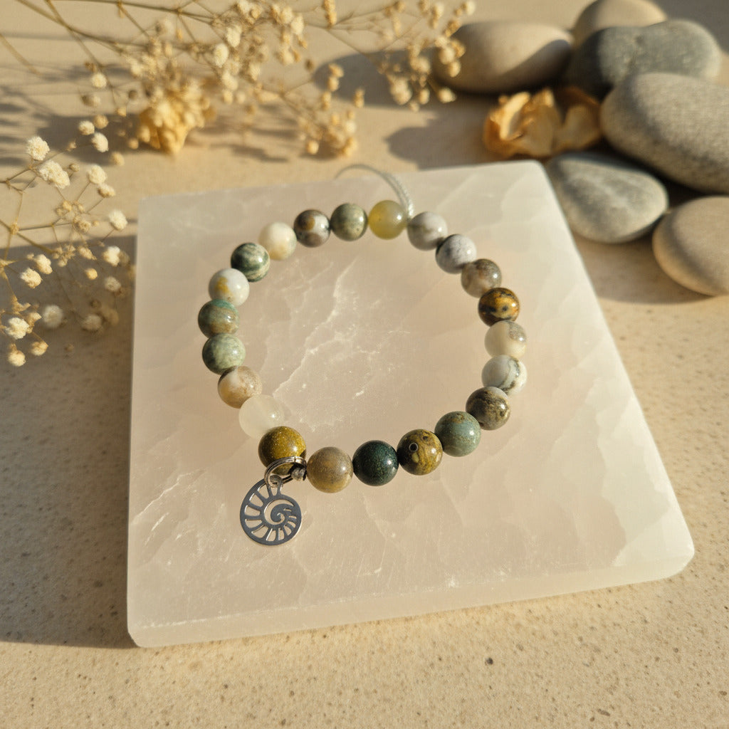 Beaded bracelet with a seashell charm on a stone surface with dried flowers and stones in the background