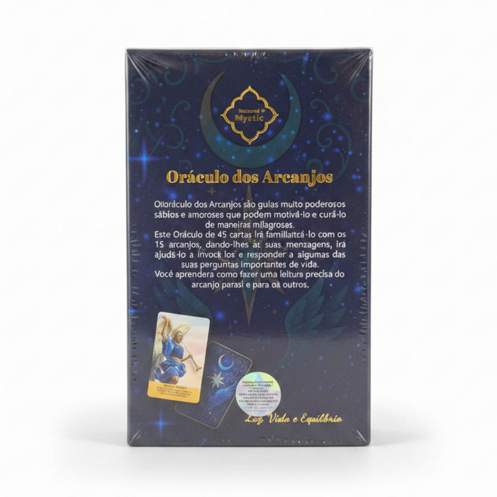 Shrink-wrapped box of 'Oráculo dos Arcanos' tarot cards on a white background. The packaging is dark blue and purple with gold text and a small illustration of a card and an angel figure.