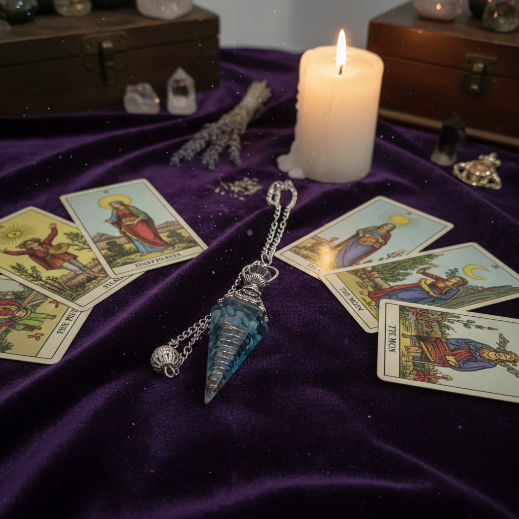 Tarot cards, candle, and pendulum on a purple cloth