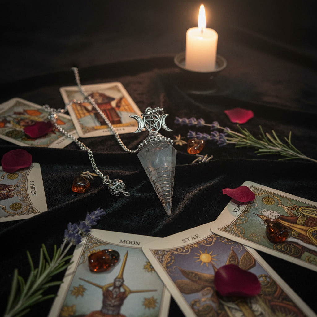 Aquamarine pendulum with tarot cards