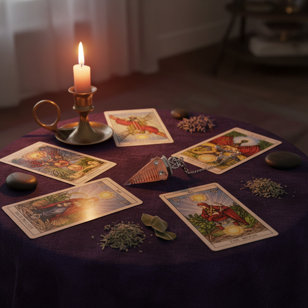 Tarot cards on a purple cloth with a lit candle and crystal pendulum in a dimly lit room.