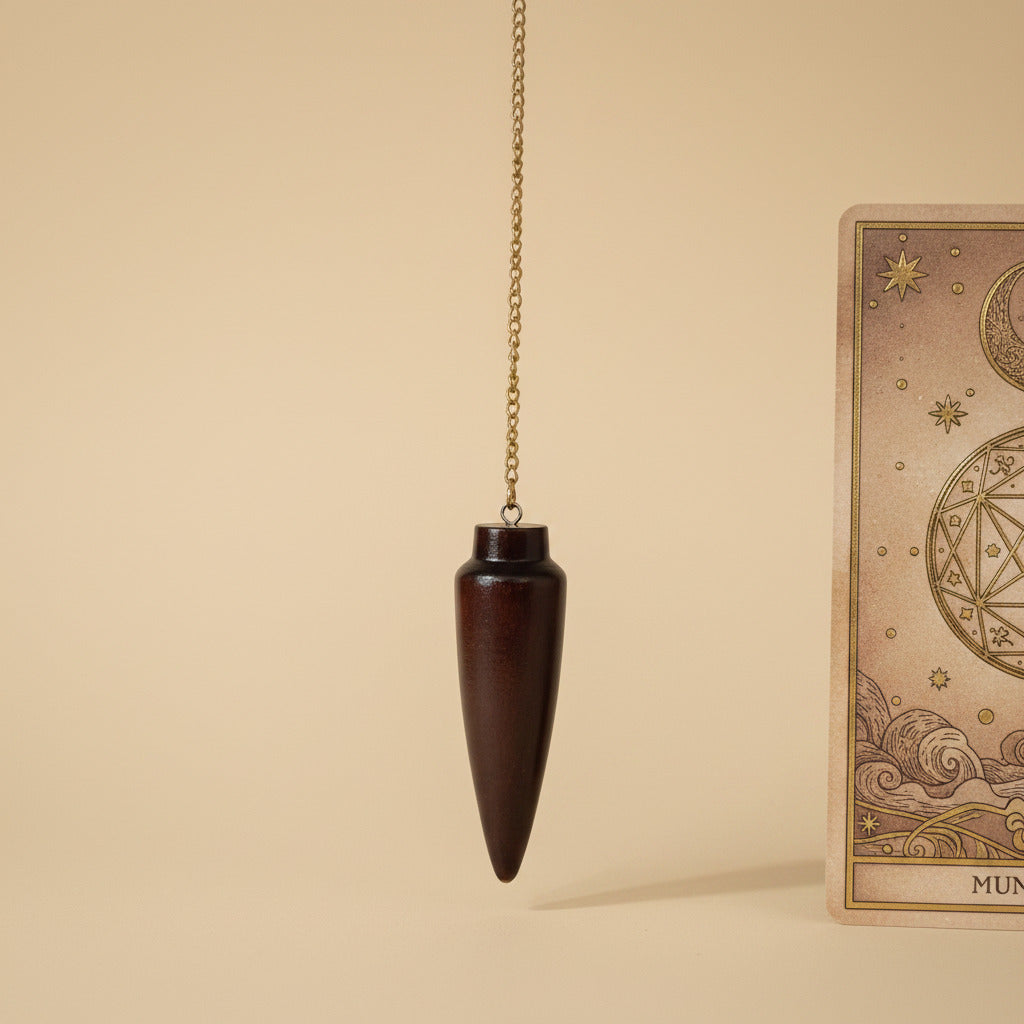 Wooden pendulum hanging on a beige background with a tarot card in the corner