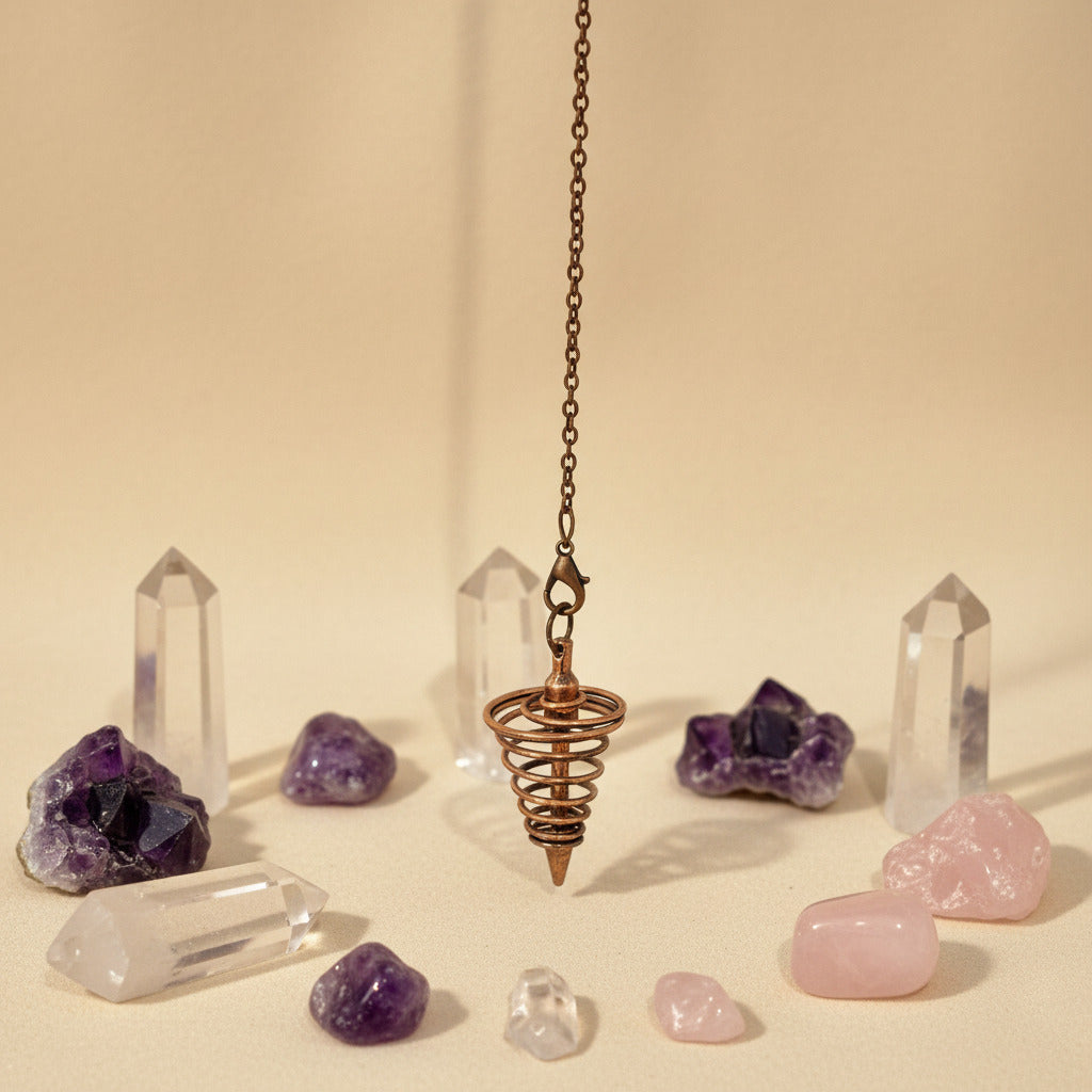 Metal pendulum with crystals on a beige background