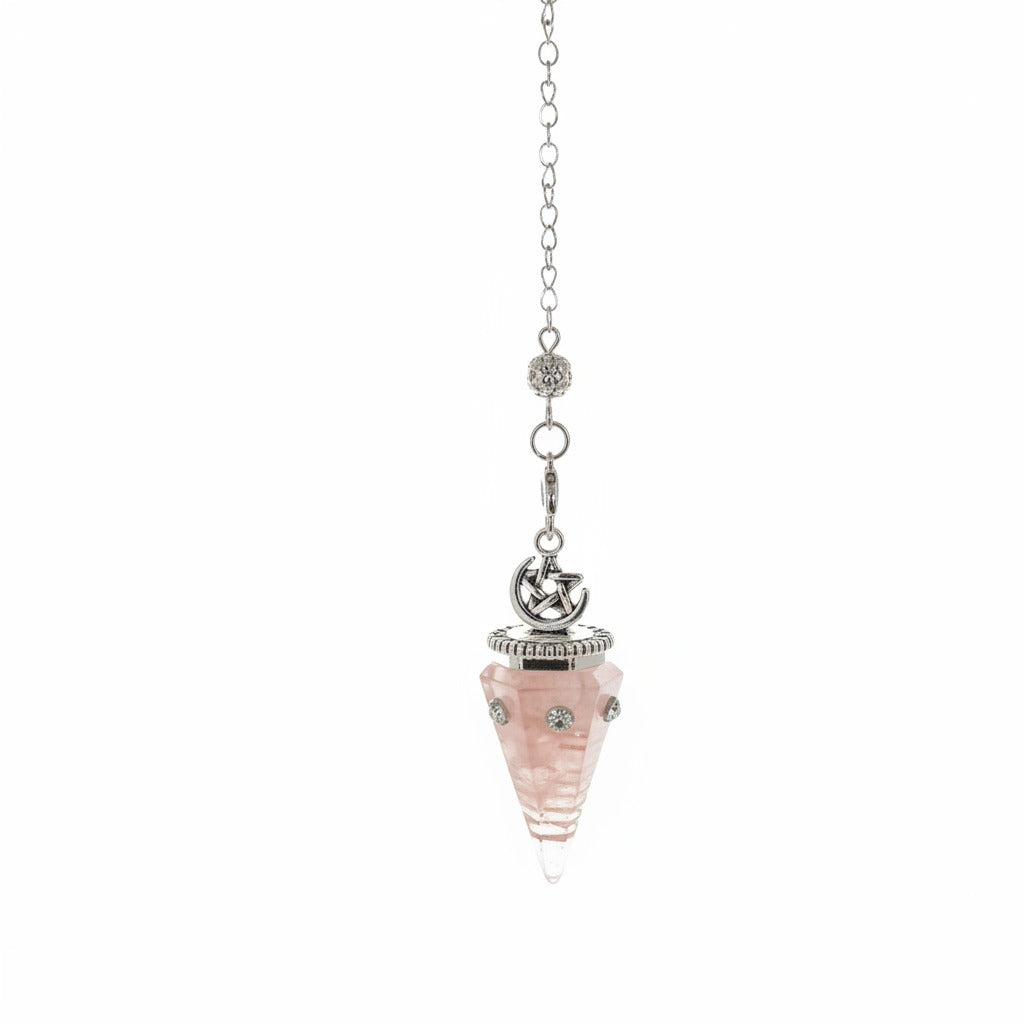 Rose quartz pendulum on a chain with white background