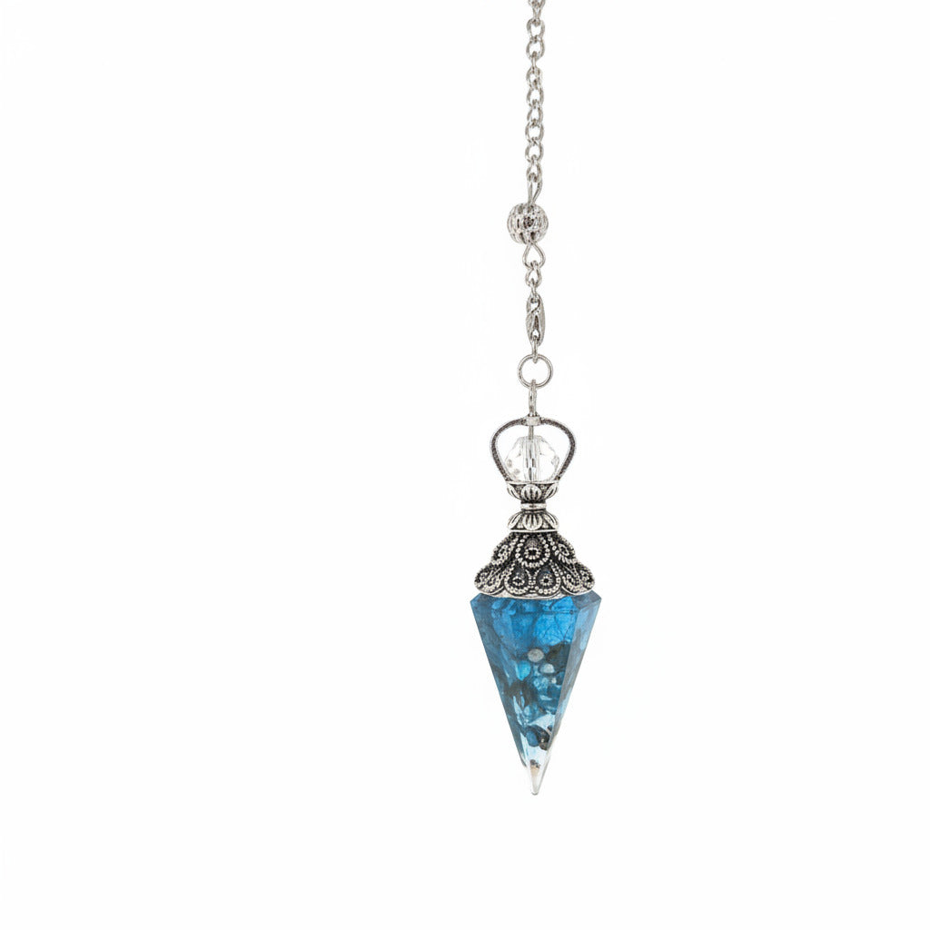 Blue crystal pendulum on a white background
