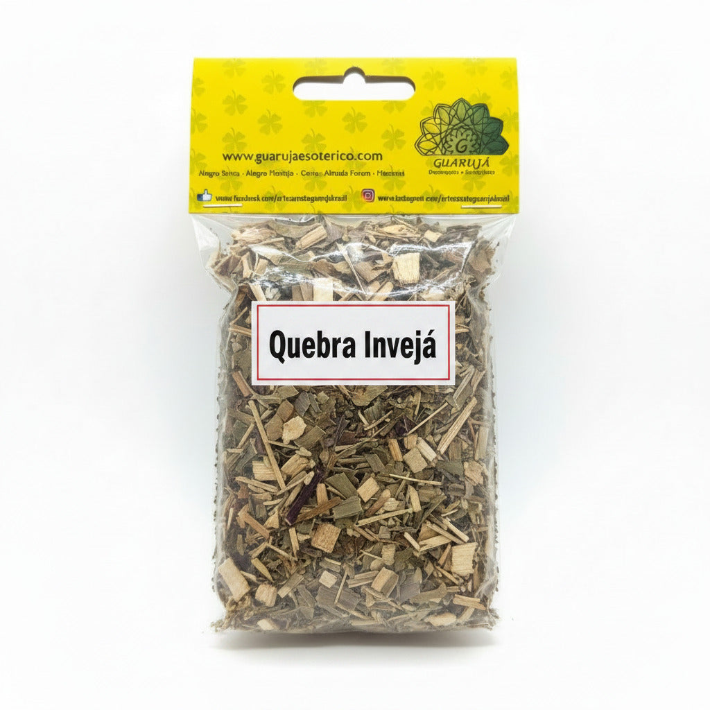 Packaged herb mix labeled 'Quebra Inveja' with a yellow top section on a white background