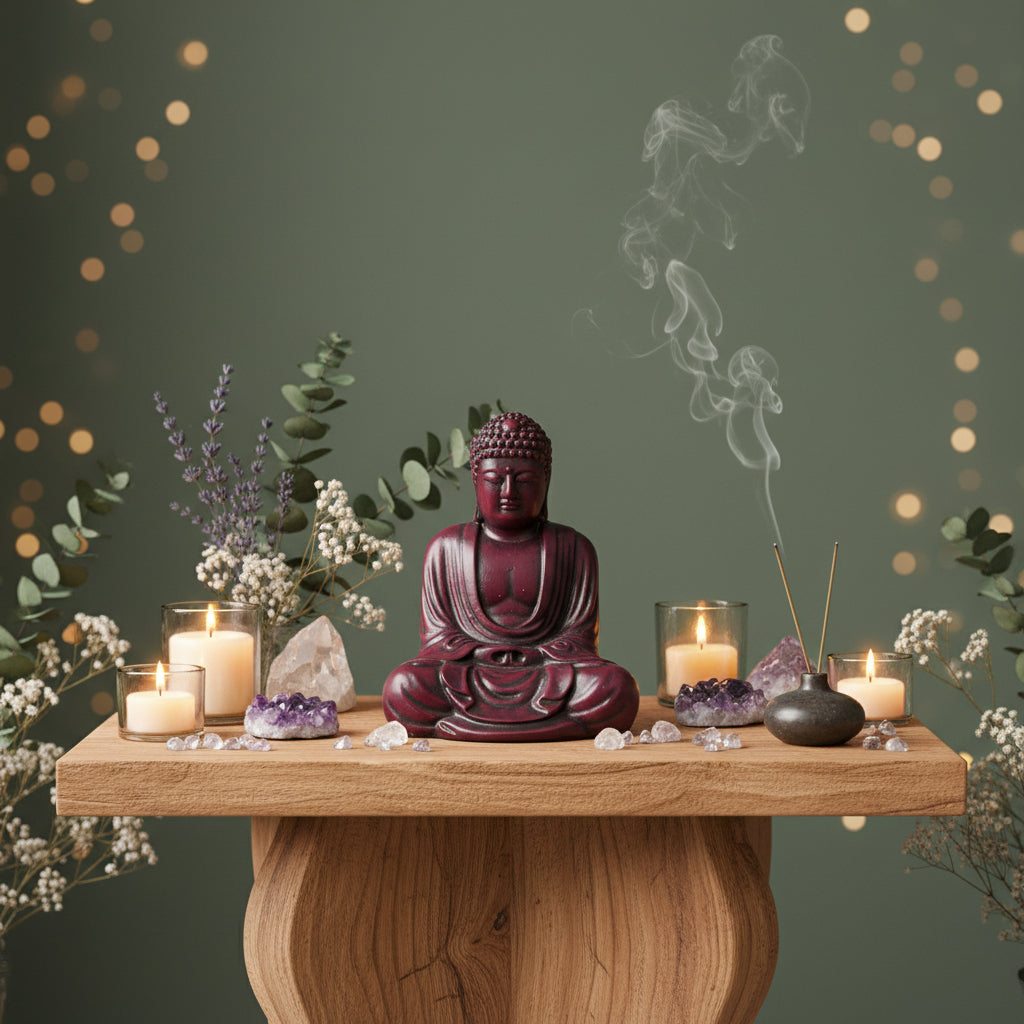 Buddha statue with candles, incense, and crystals on a wooden table against a dark green background with bokeh lights.