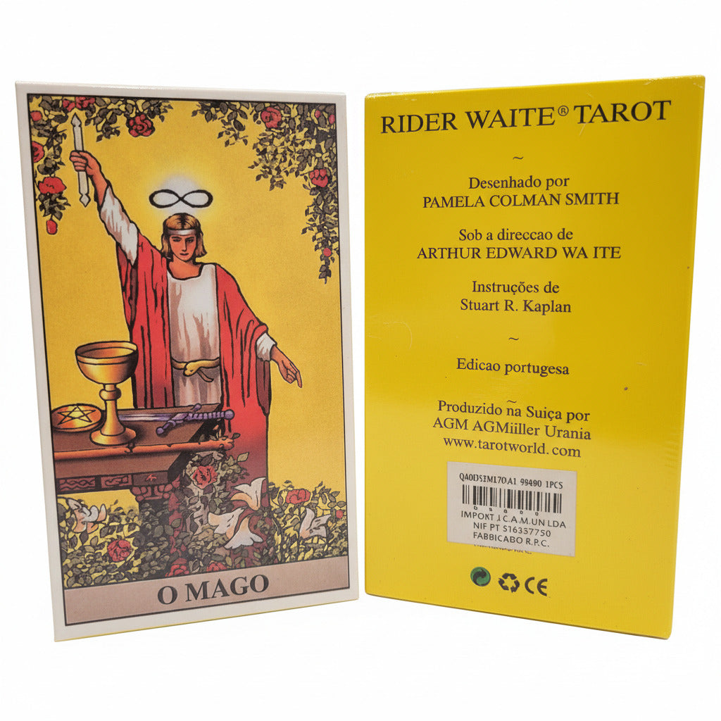 Rider Waite Tarot card deck with yellow cover and tarot card showing a figure in red robe.