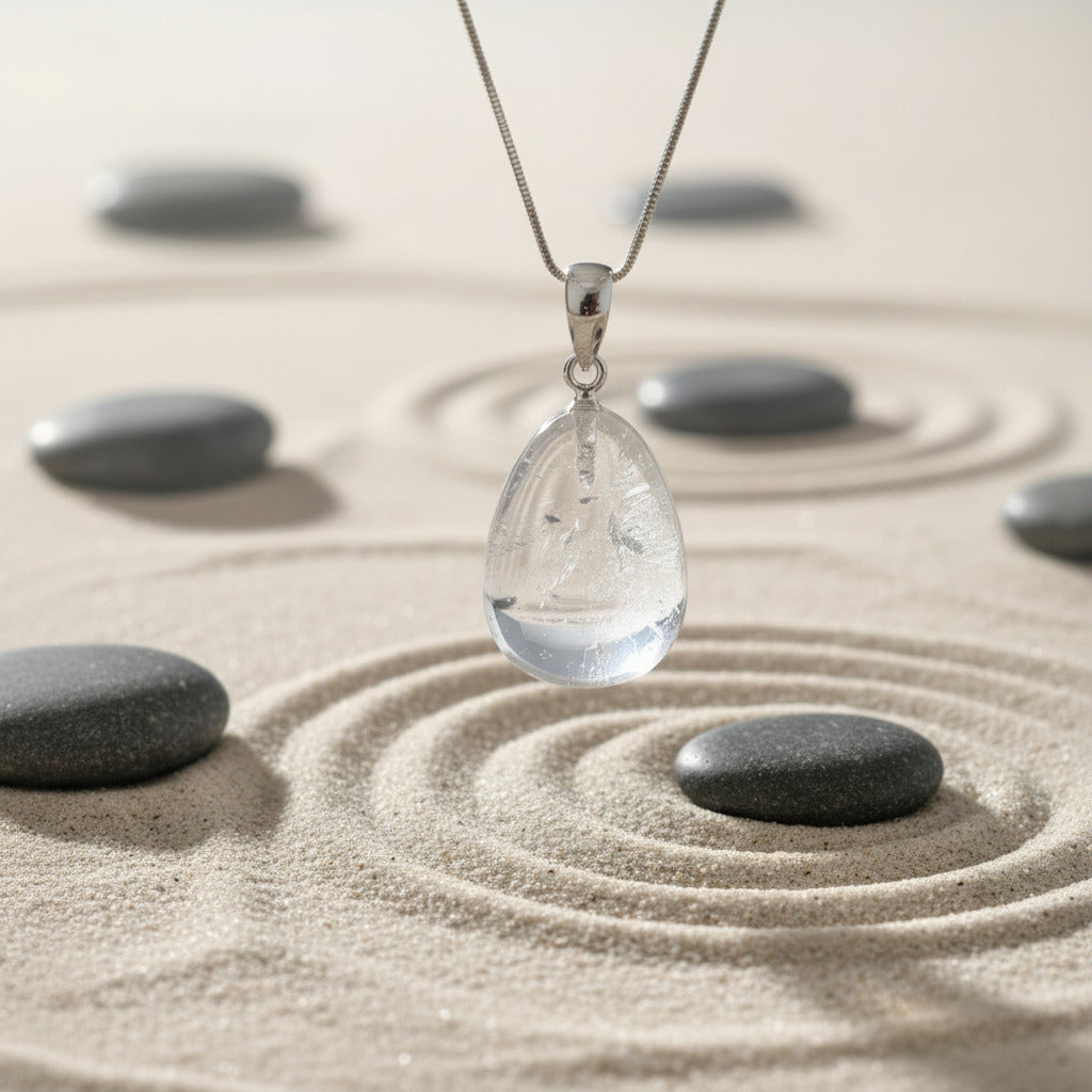 natural crystal pendant on a chain over sand with stones