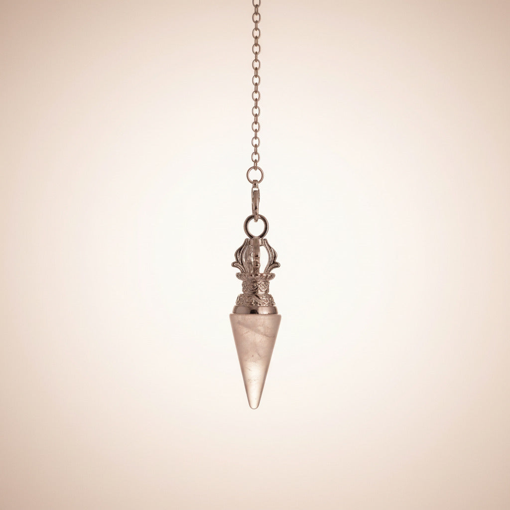rose quartz pendulum hanging on chain on a white background