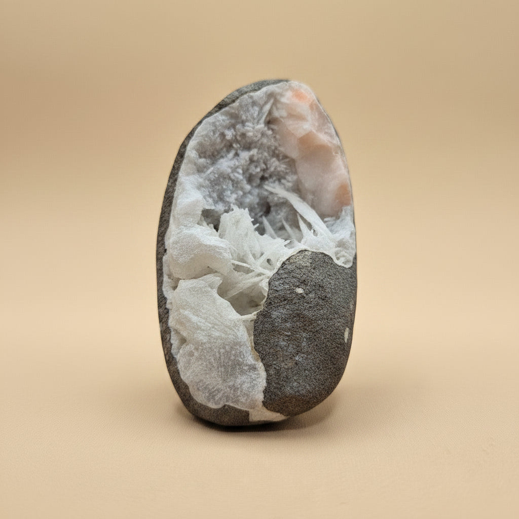 Geode with crystal formation on a beige background