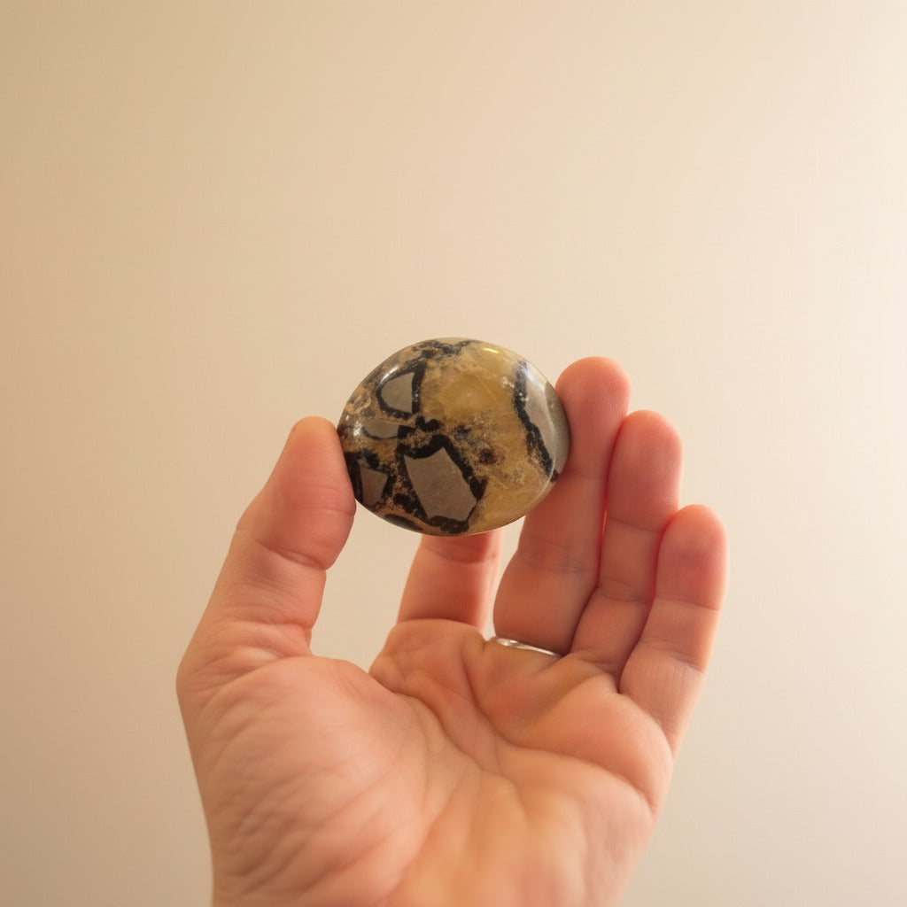 Hand holding a small natural stone on a beige background