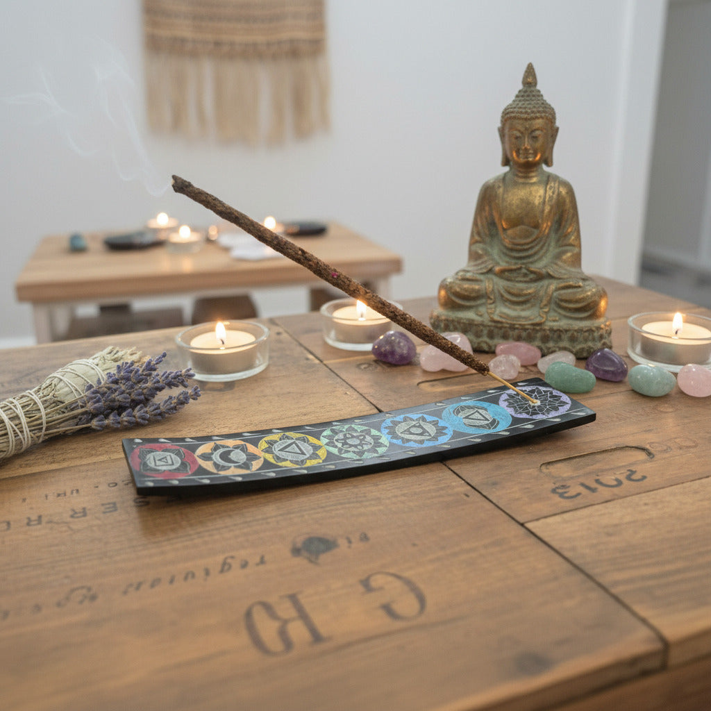 Incense on a colorful holder on a wooden surface. Lit candles, dried herbs, crystals and buddha statue around. 