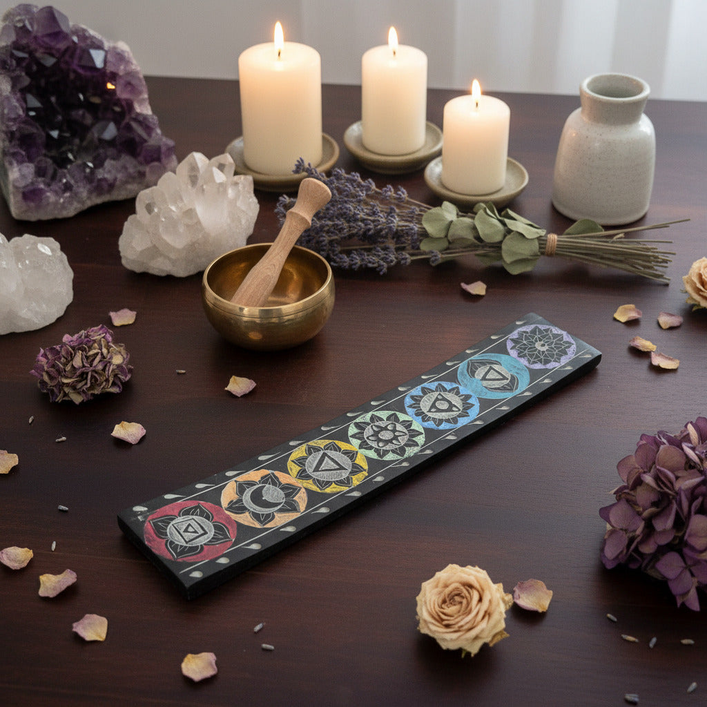 Seven chakra incense holder on a wooden surface with candles, crystals and dried flowers