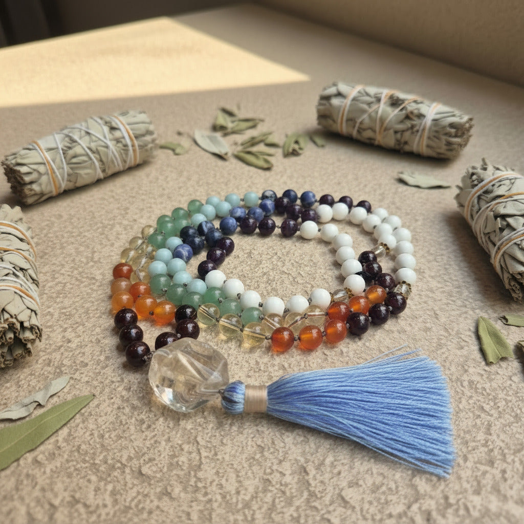 Colorful beaded bracelet with a blue tassel on a textured surface with sage smudge sticks.