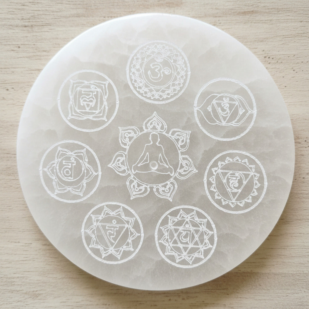 Round selenite plate with chakra symbols on a wooden surface