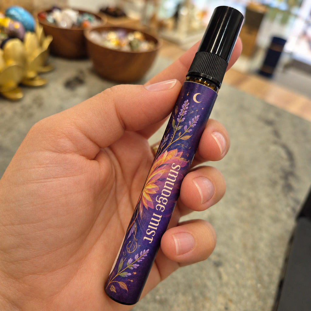A hand holding a purple and black roll-on perfume spray bottle labeled 'smudge mist' against a blurred indoor background.