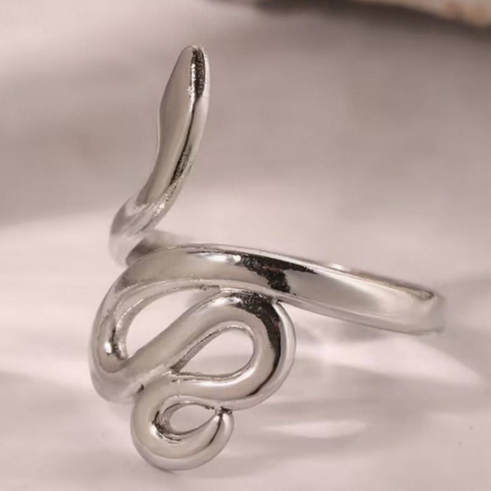 Silver snake-shaped ring on a light gray background
