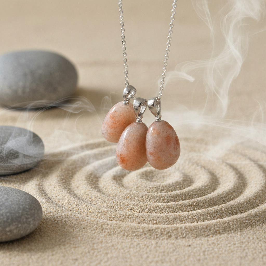 natural sunstone pendants hang on a chain over sand with stones around