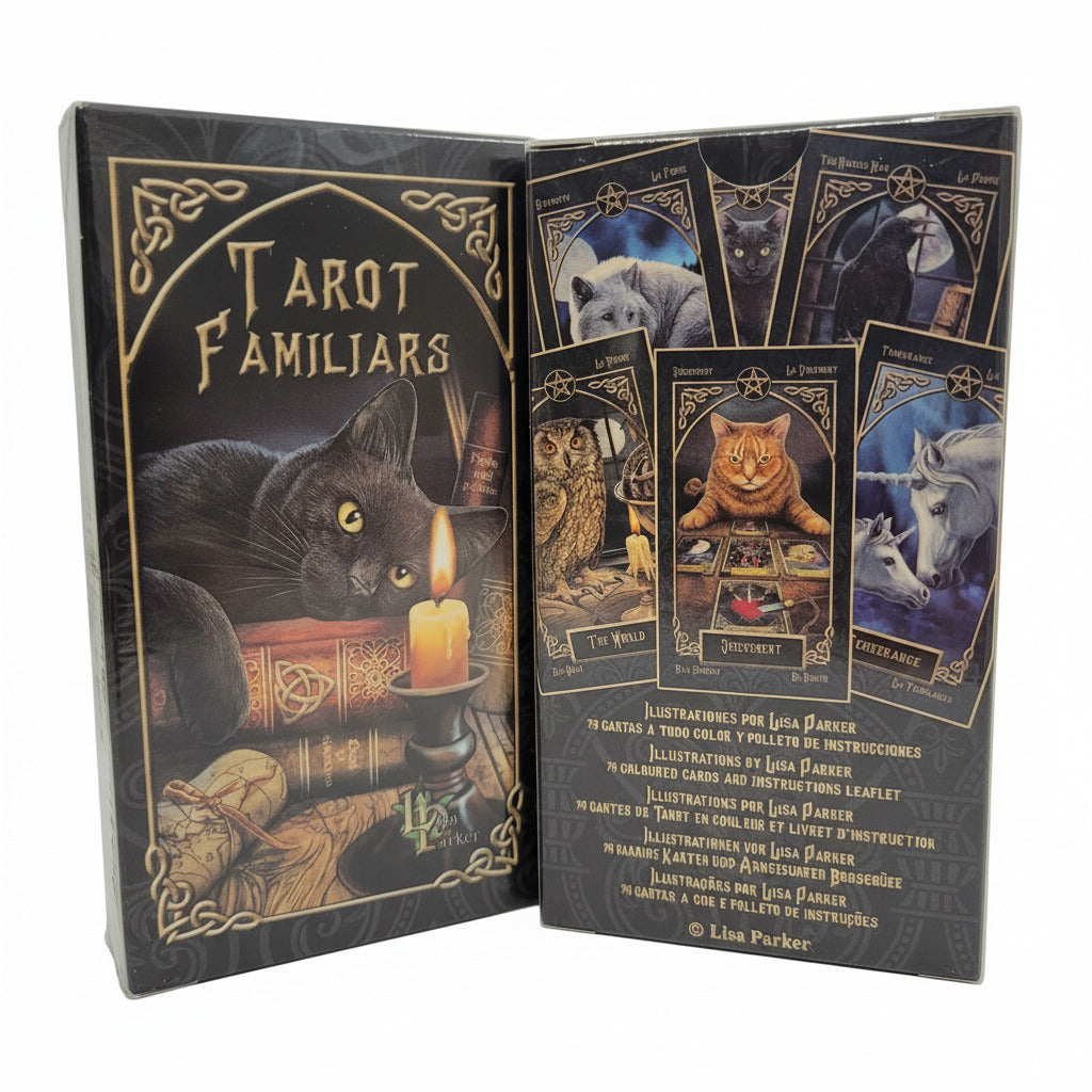 Tarot Familiars card deck with black cat illustration on a dark surface