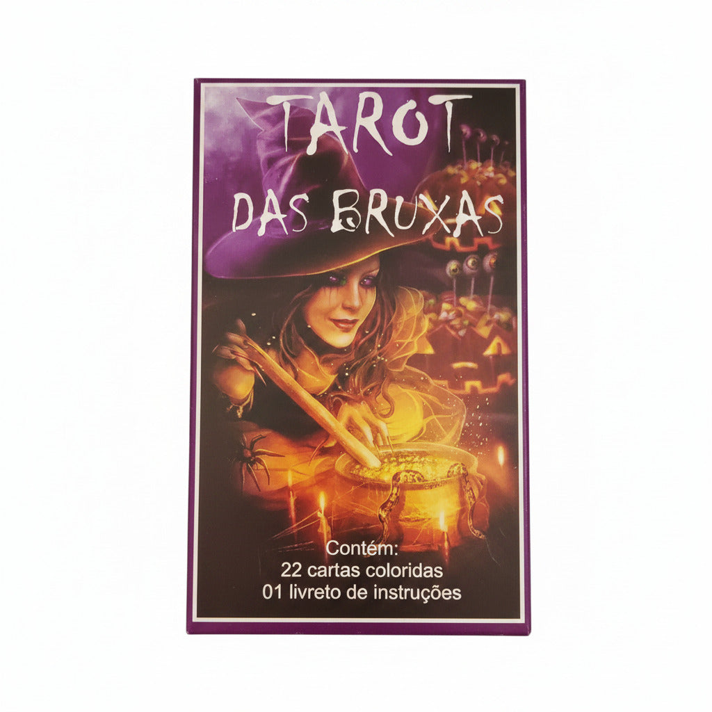 Tarot card set packaging with a witch and candles design on a purple background