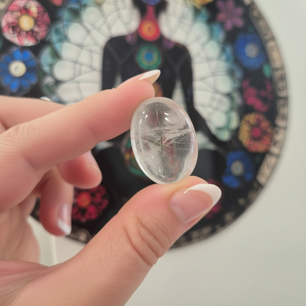 Hand holding a small quartz stone with a colorful mosaic in the background