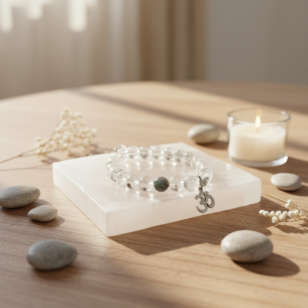 Bracelet with a silver charm on a white stand, surrounded by stones and a candle on a wooden surface.