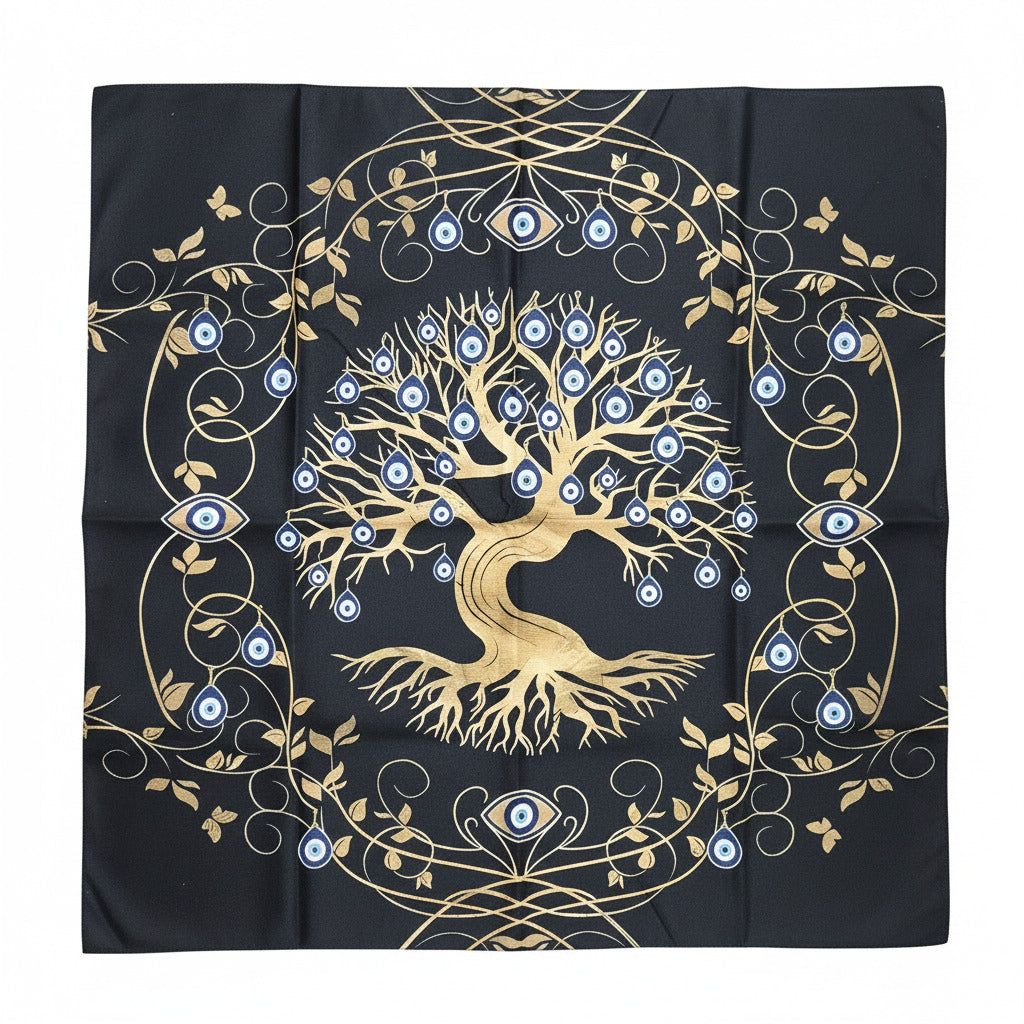 Decorative fabric with a gold tree of life design on a black background