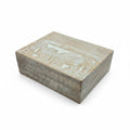 Wooden box with elephant carving on white surface