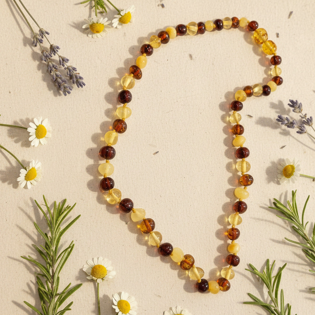 A beaded necklace made of translucent amber beads, arranged in a heart shape on a beige surface with herbs and flowers