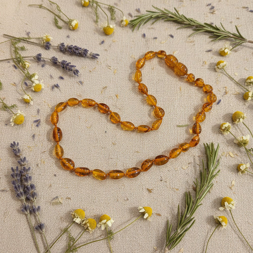 A natural amber bead necklace with elongated beads in warm translucent amber and honey brown tones, displayed on a beige surface with dried flowers and herbs
