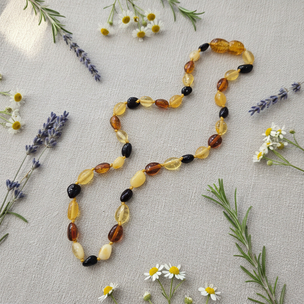 A beaded necklace made of polished  multi-toned amber beads, arranged on a beige surface with dried herbs and flowers