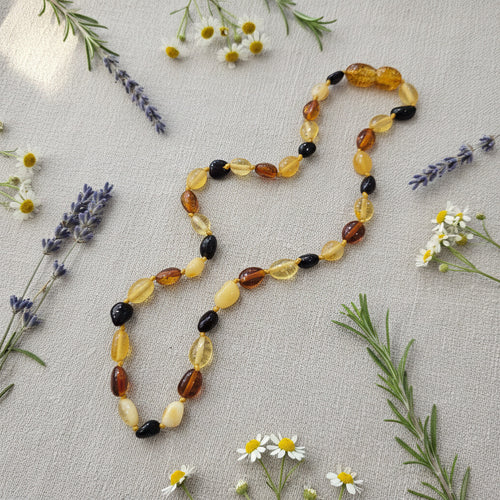 A beaded necklace made of polished  multi-toned amber beads, arranged on a beige surface with dried herbs and flowers