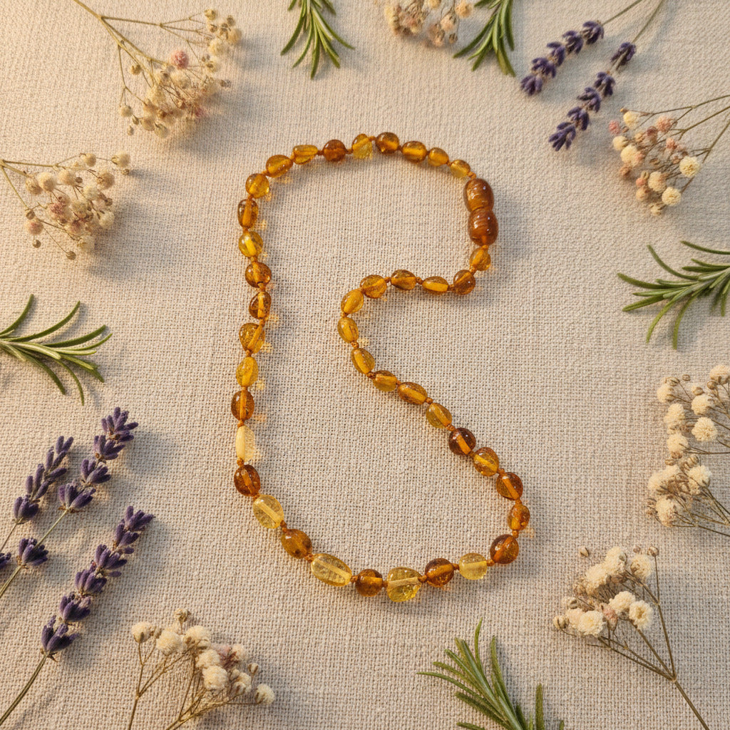 A handmade amber bead necklace with faceted oval beads in various translucent shades of yellow, orange, laid out on a beige surface with dried lowers and herbs