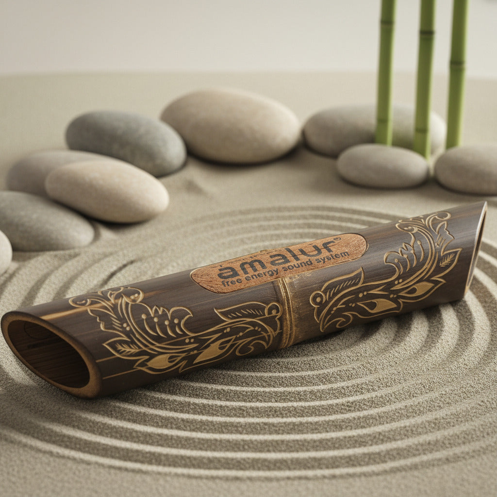 Amalur bamboo sound system  on a sand and stone surface with zen background