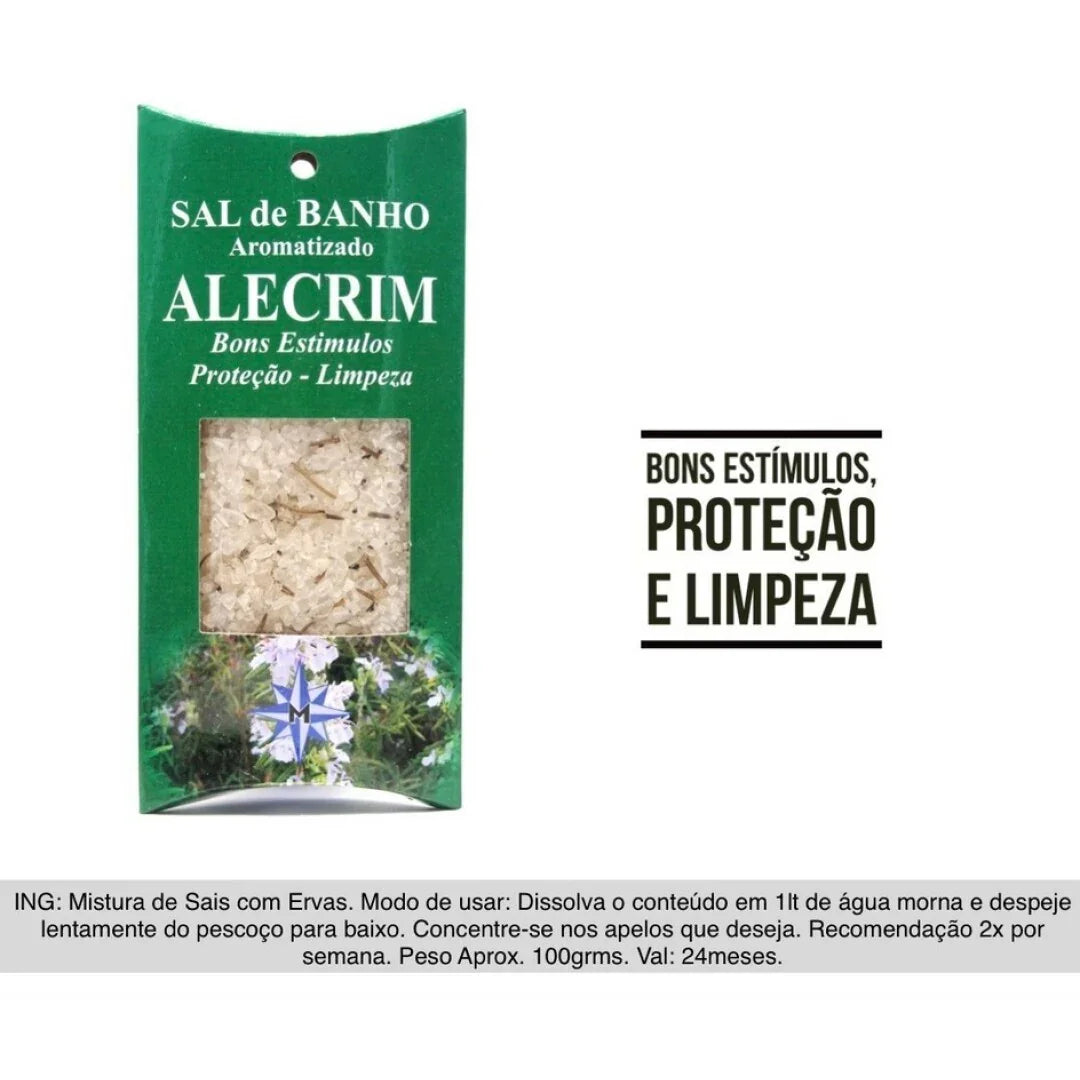 Packaging of Alecrim bath salt with text on a white background