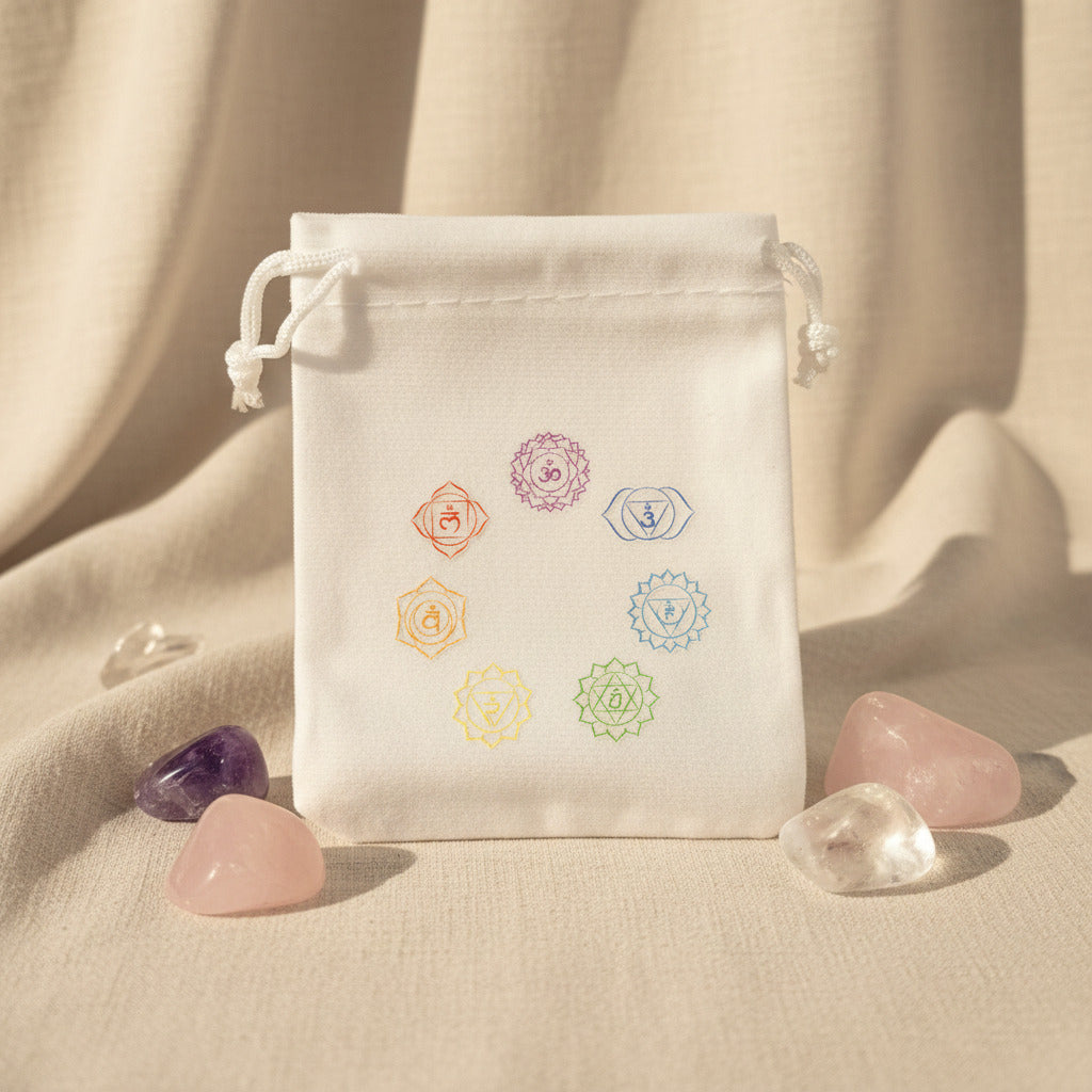 White drawstring bag with colorful chakra symbols, surrounded by healing crystals on soft fabric